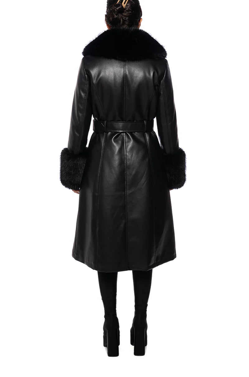 VIXEN BLACK FAUX LEATHER TRENCH COAT