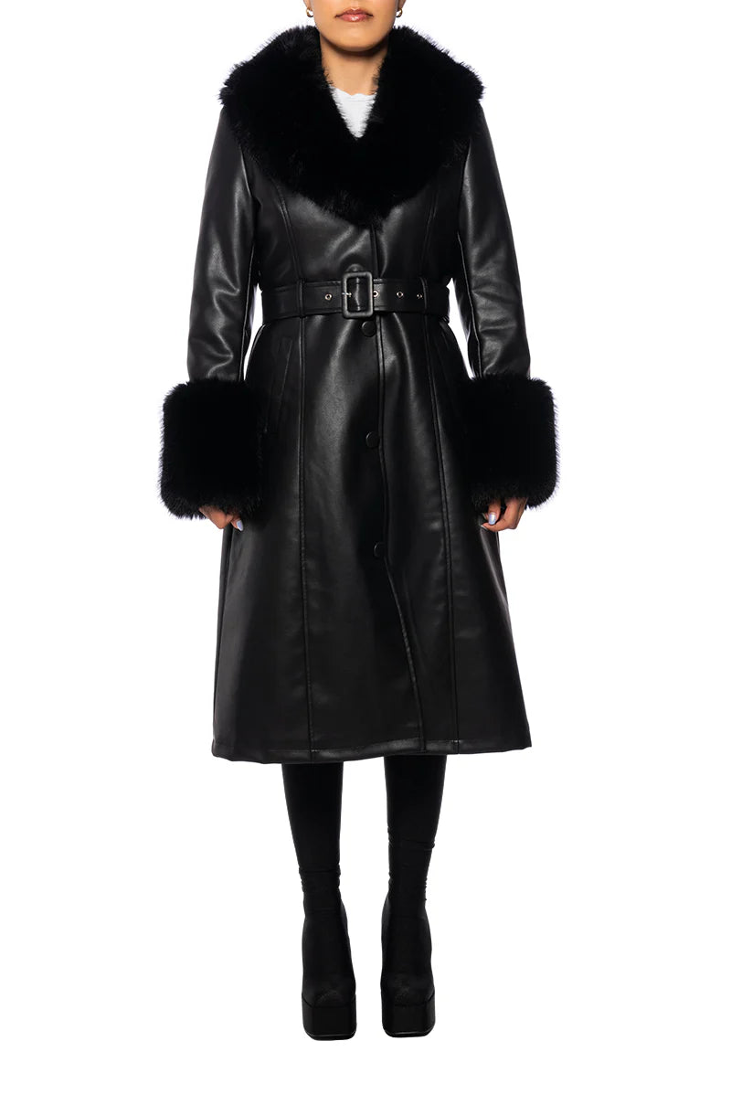 VIXEN BLACK FAUX LEATHER TRENCH COAT