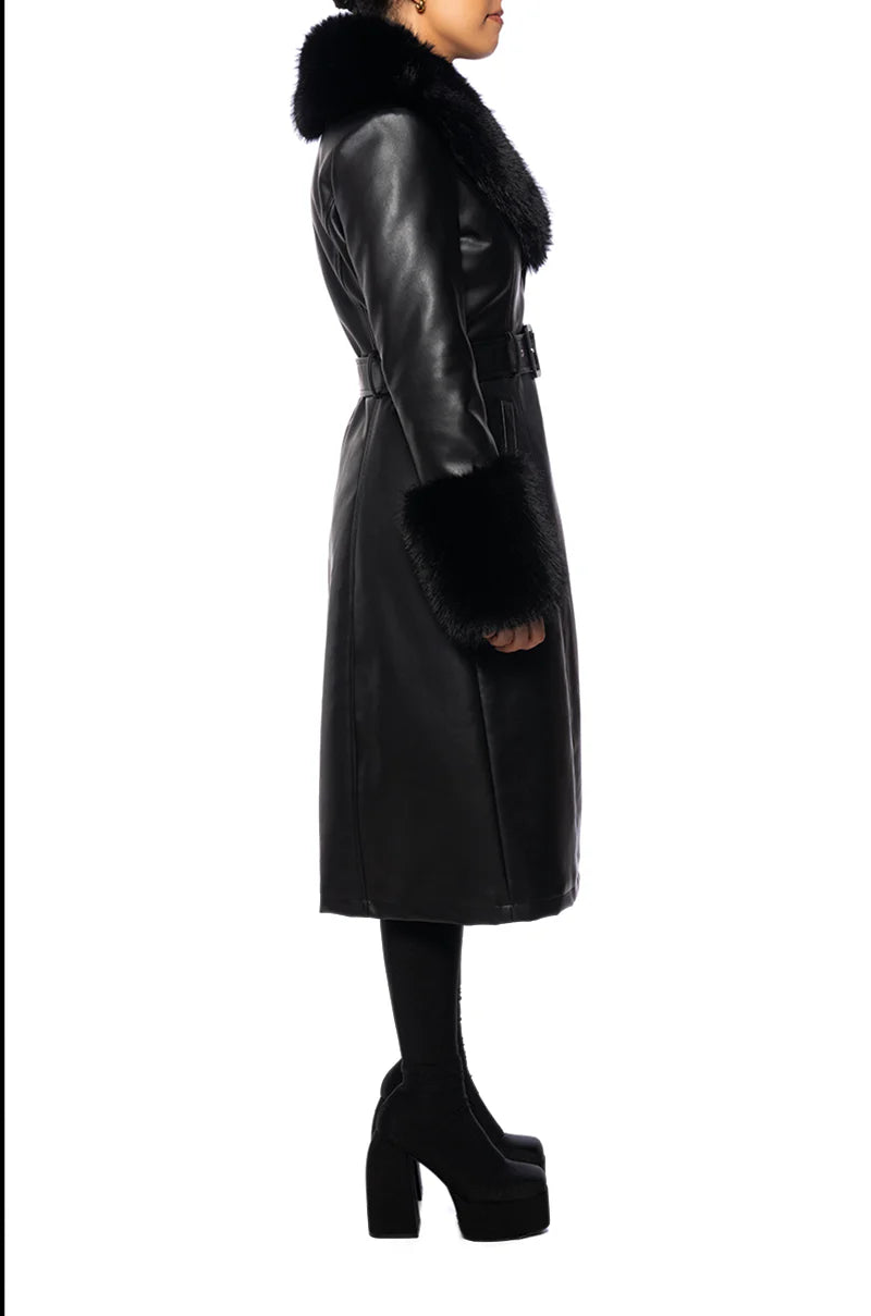 VIXEN BLACK FAUX LEATHER TRENCH COAT